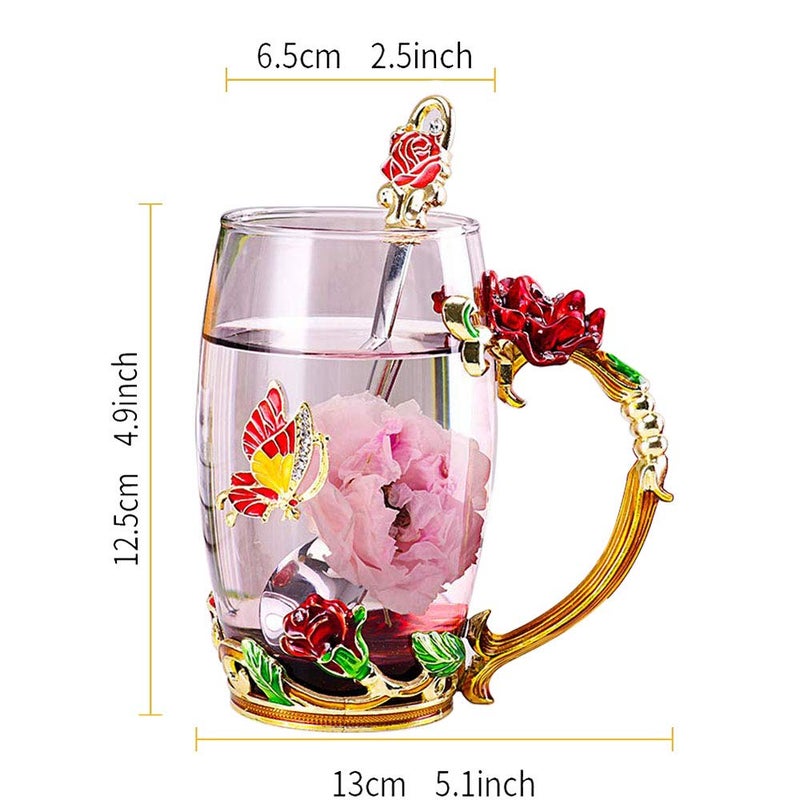 DasyFly Birthday Gifts For Women,Enamel Butterfly Flower Glass Tea Cup Rose Red Coffee Mug,Cute Gifts For Mom Grandma Women Wife Female Friend on Mothers day Anniversary Christmas Valentines - Image 4